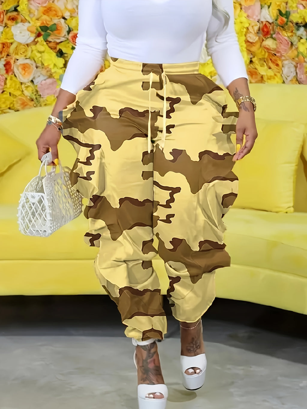 Camouflage Print Ruffle Trim Pants, Casual Drawstring Pants For Spring & Fall, Women's Clothing