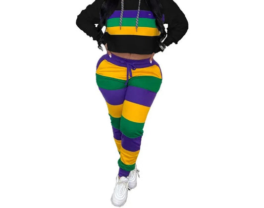 Stripe Hooded Long Sleeve Top And Pants Two-Piece Set