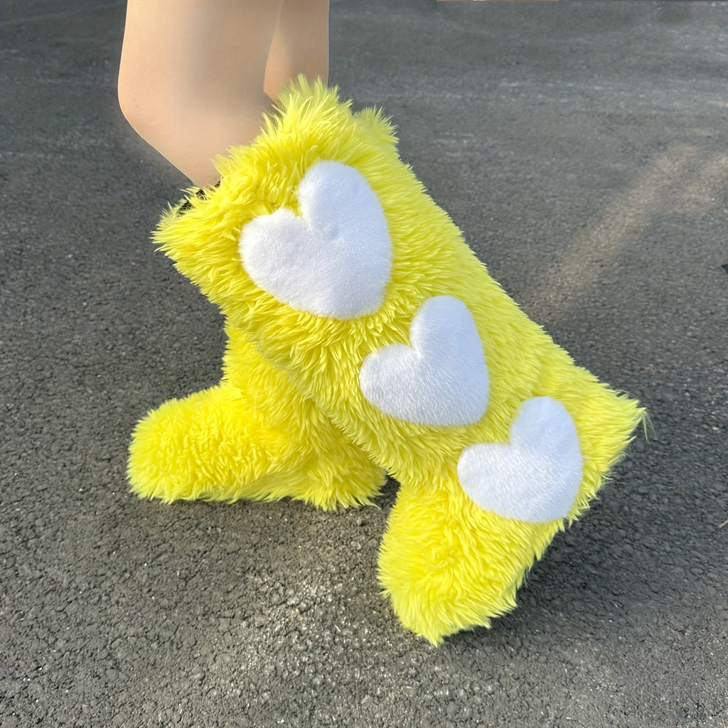 2024 Women's Autumn & Winter Warm Fur Boots, Fashionable & Chic Long Boots, Heart Decor Fur Shoes