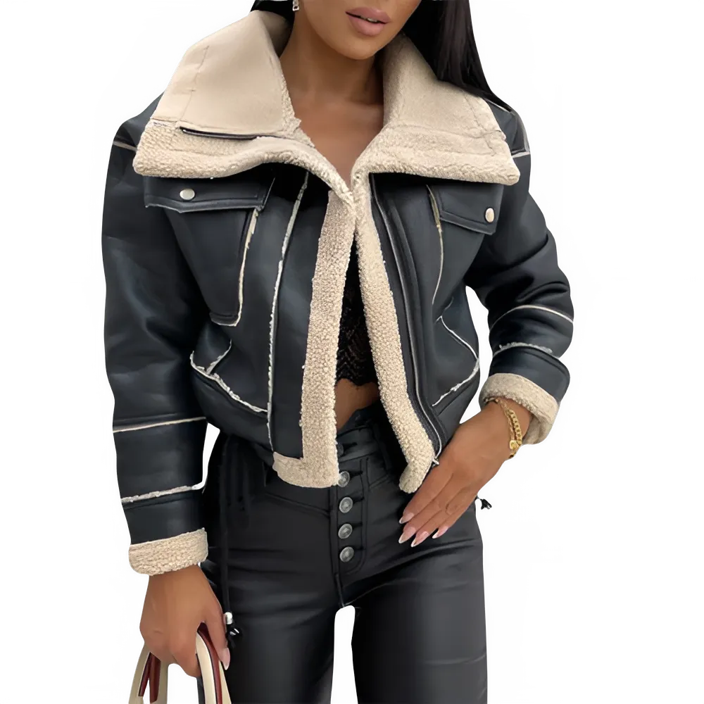 Faux Leather Biker Jacket with Fur Collar